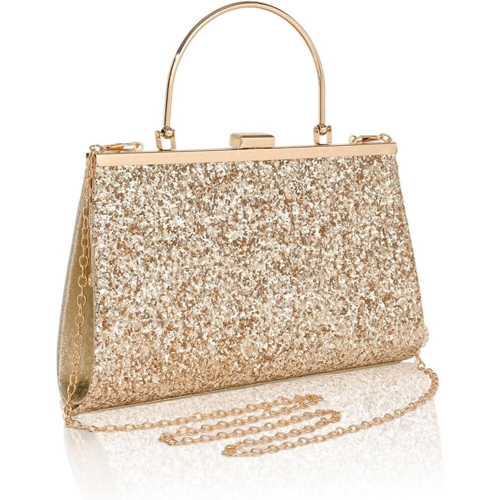 Women's Gold Sparkly Shoulder Evening Chain Strap Fashionable Clutch Bag